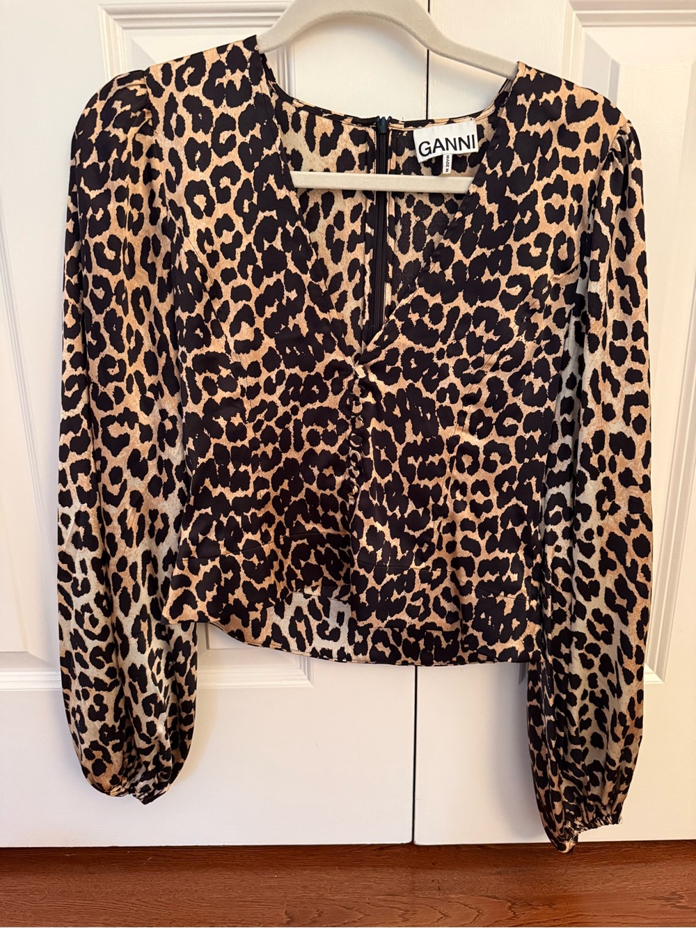 Ganni Silk Leopard Print V-Neck Blouse - Black & Tan